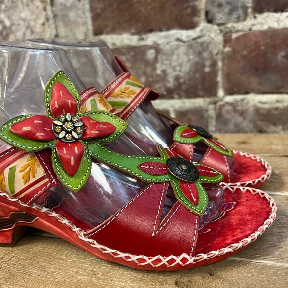 NIB Elite By Corkys 'Poppy' Red Leather Floral Heeled Sandal Sz 9 - Picture 5 of 13